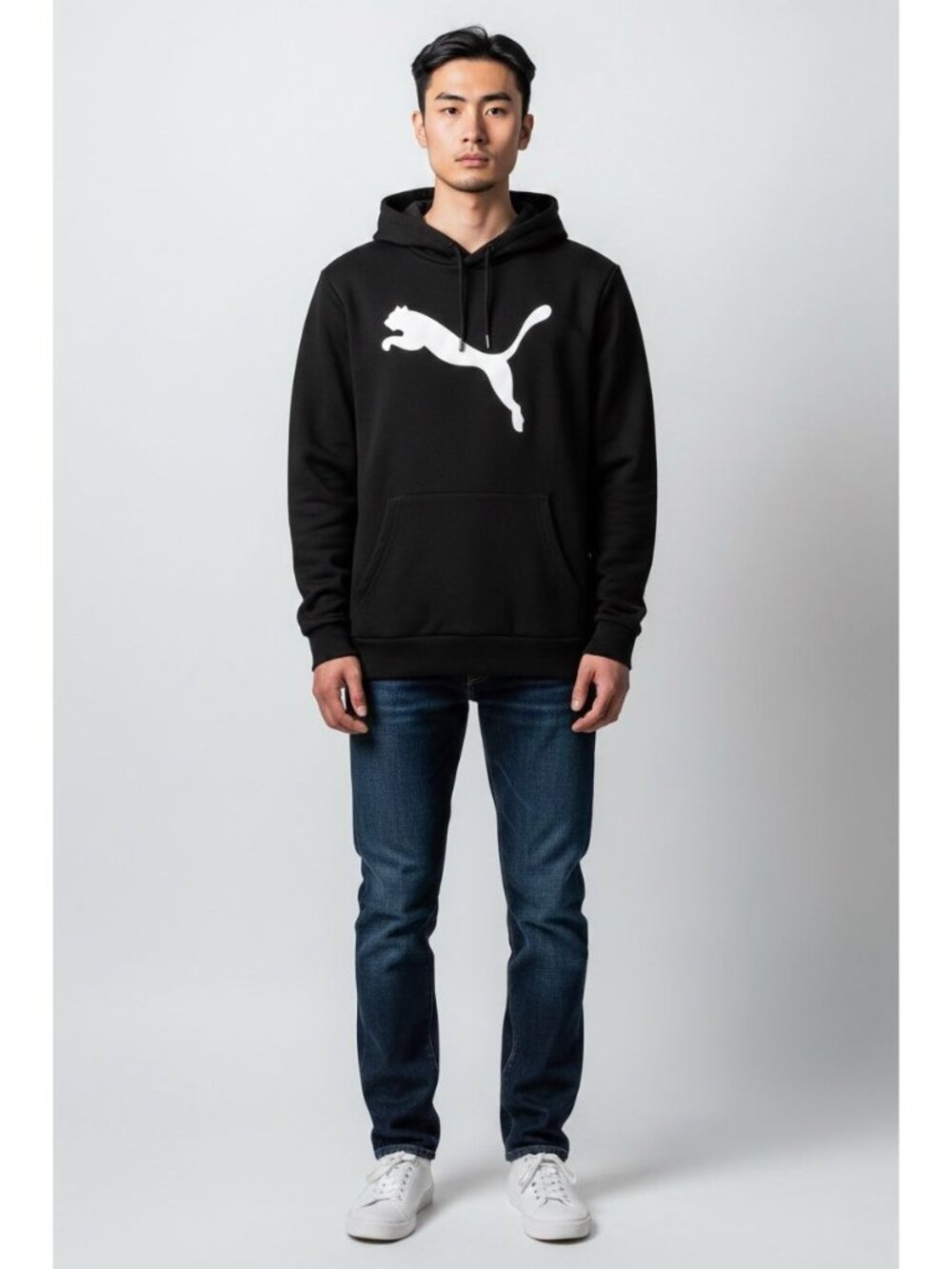 Puma Mens Black Hoodie With White Logo Kangaroo Pocket & Adjustable Drawstring